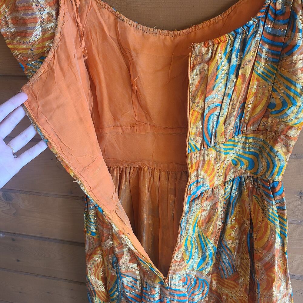 Vintage 70's Handmade Dress Peasant Metallic Psychedelic Empire Puff Sleeve Boho - Picture 7 of 7